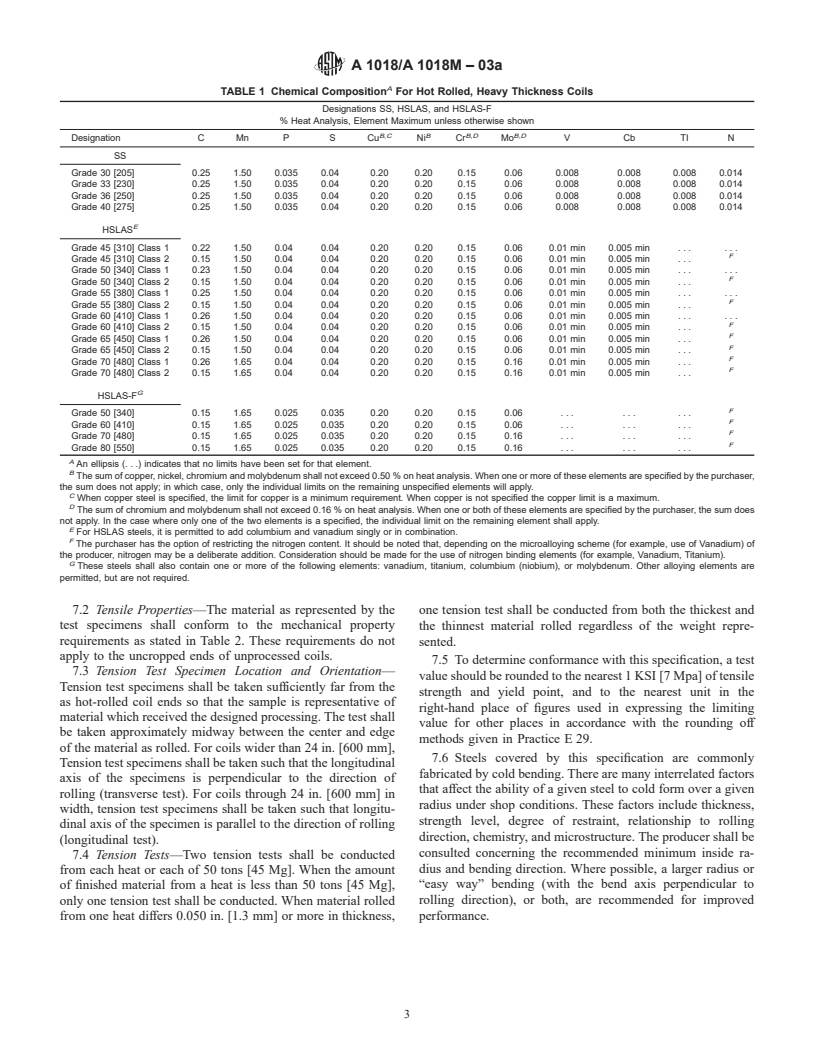 ASTM A1018/A1018M-03a - Specification for Steel, Sheet and Strip, Heavy-Thickness Coils, Hot-Rolled, Carbon, Commercial, Drawing, Structural, High-Strength Low-Alloy, and High-Strength Low-Alloy with Improved Formability