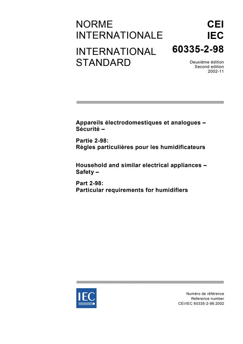 IEC 60335-2-98:2002 - Household and similar electrical appliances - Safety - Part 2-98: Particular requirements for humidifiers
