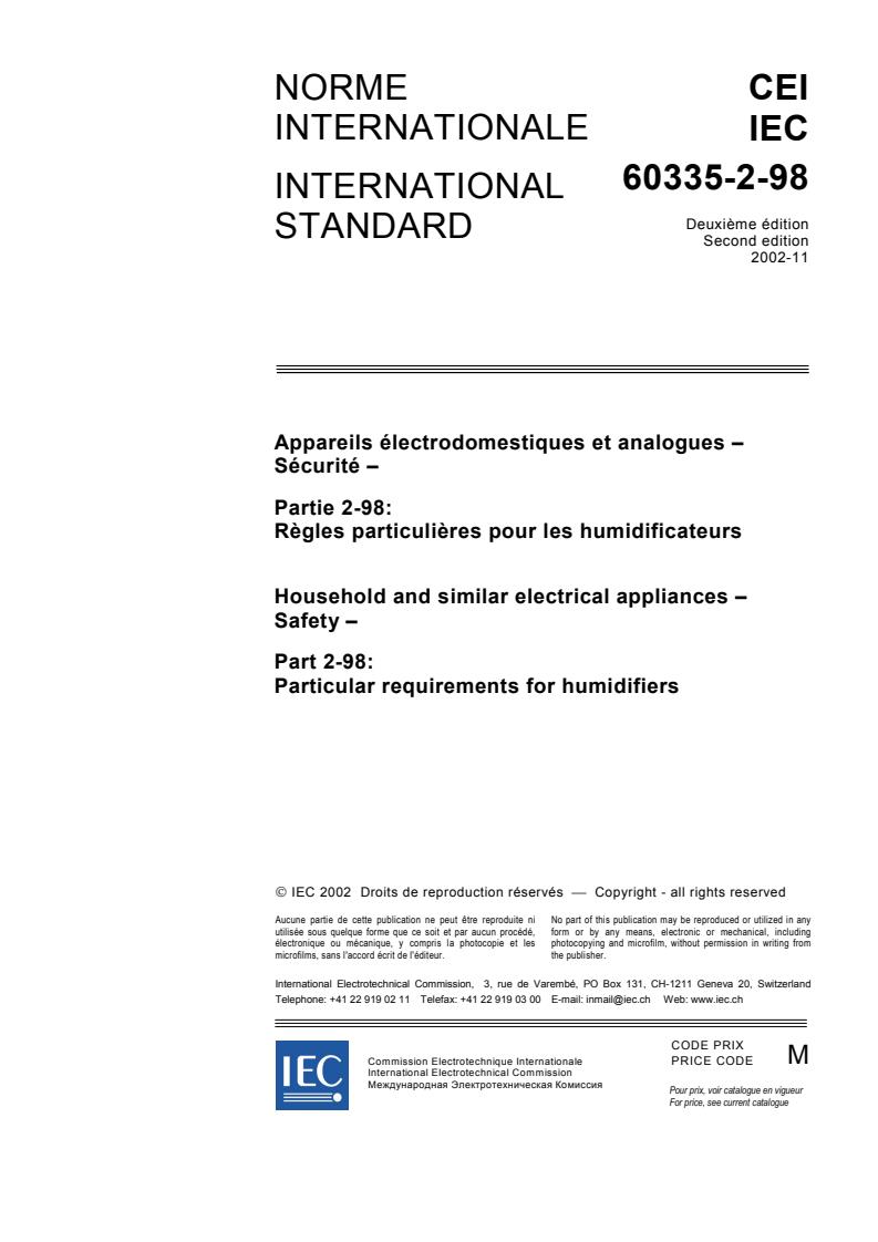 IEC 60335-2-98:2002 - Household and similar electrical appliances - Safety - Part 2-98: Particular requirements for humidifiers