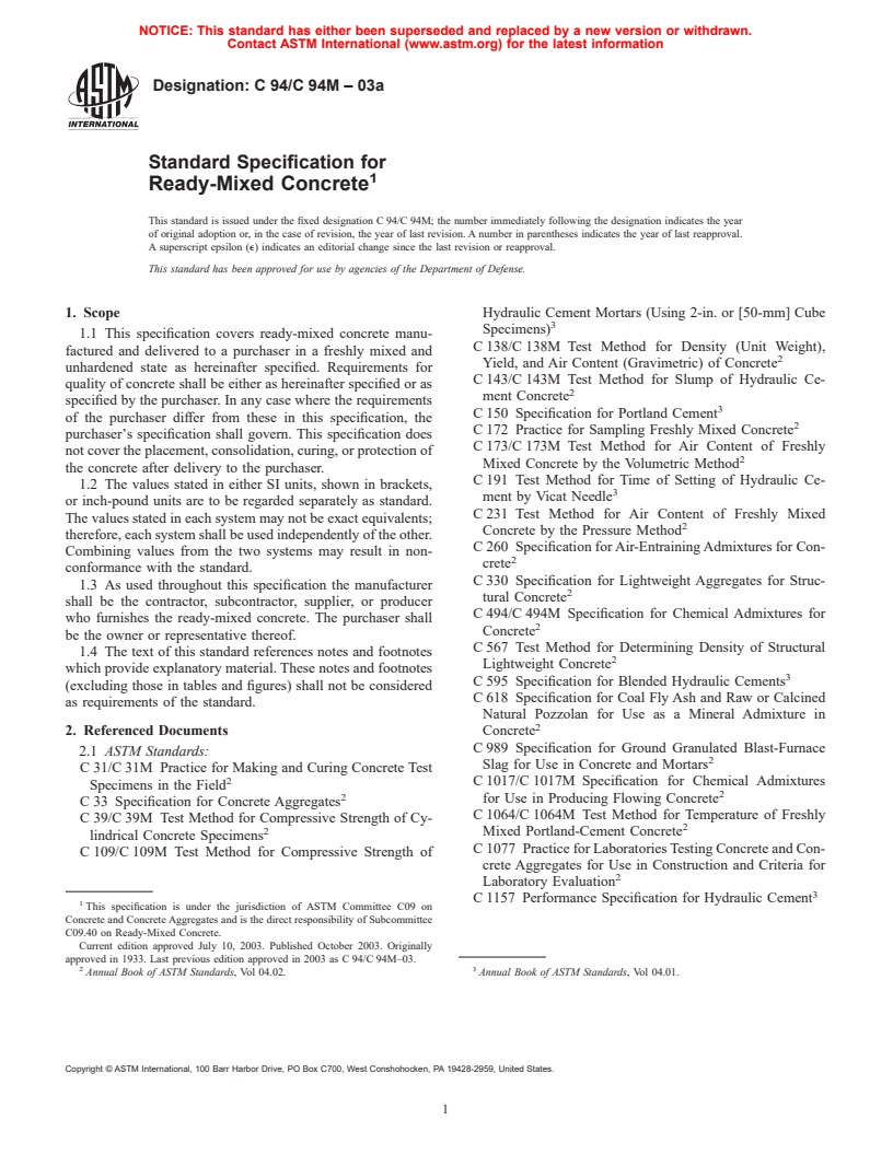 ASTM C94/C94M-03a - Standard Specification for Ready-Mixed Concrete