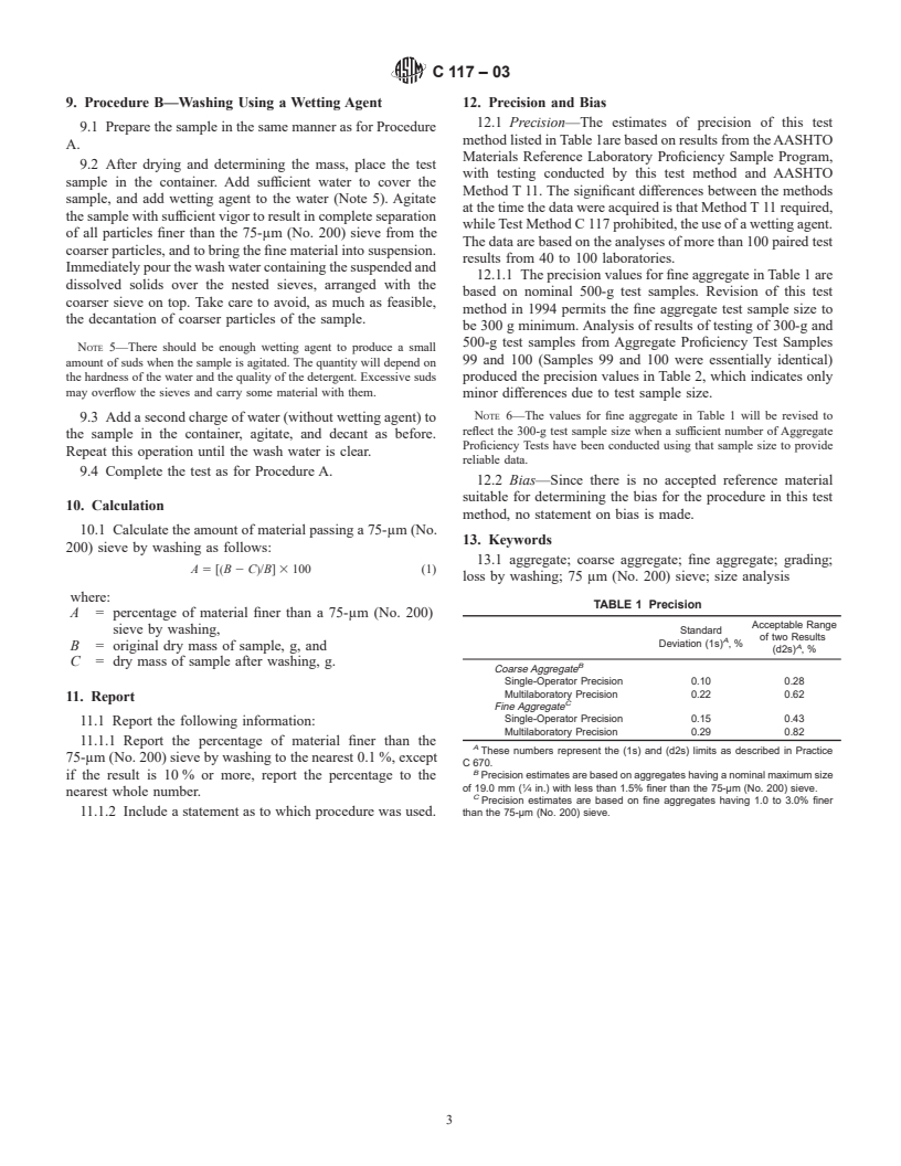 ASTM C117-03 - Standard Test Method for Materials Finer than 75-&#956;m (No. 200) Sieve in Mineral Aggregates by Washing