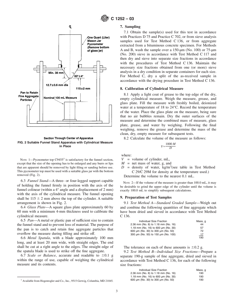 ASTM C1252-03 - Standard Test Methods for Uncompacted Void Content of Fine Aggregate (as Influenced by Particle Shape, Surface Texture, and Grading)