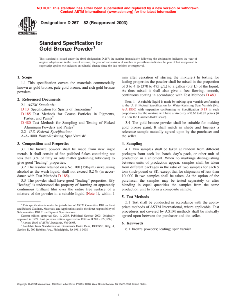 ASTM D267-82(2003) - Standard Specification for Gold Bronze Powder