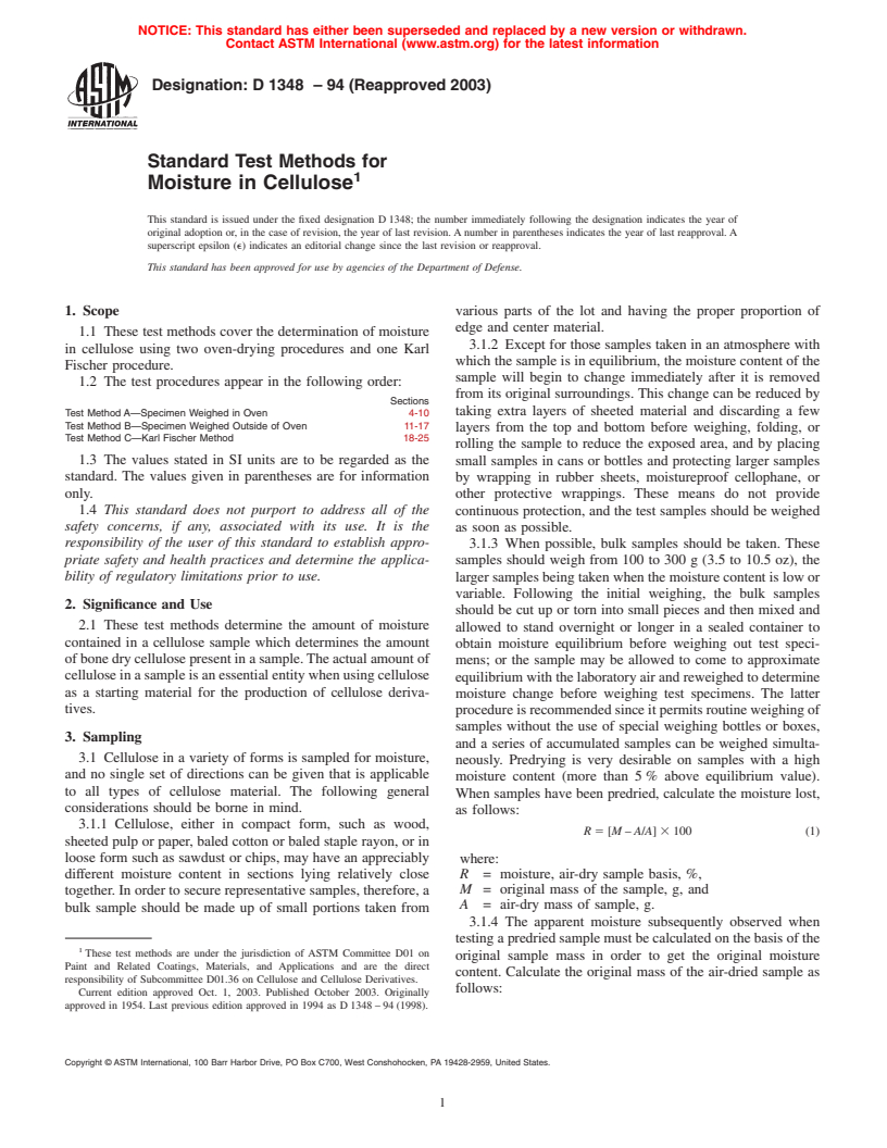 ASTM D1348-94(2003) - Standard Test Methods for Moisture in Cellulose