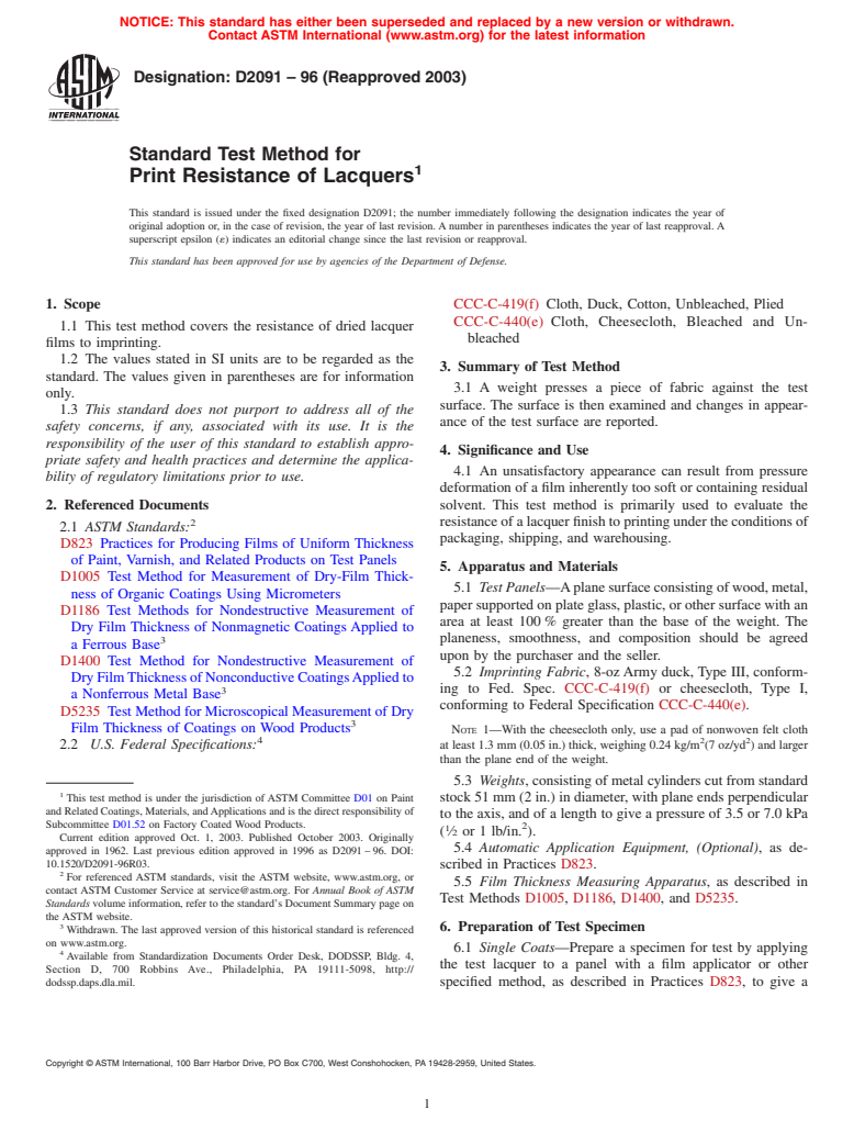 ASTM D2091-96(2003) - Standard Test Method for Print Resistance of Lacquers