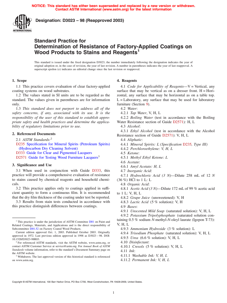 ASTM D3023-98(2003) - Standard Practice for Determination of Resistance of Factory-Applied Coatings on Wood Products to Stains and Reagents