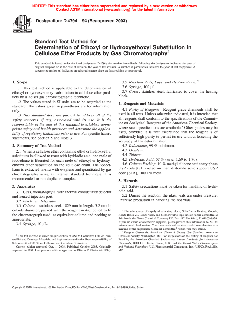 ASTM D4794-94(2003) - Standard Test Method for Determination of Ethoxyl or Hydroxyethoxyl Substitution in Cellulose Ether Products by Gas Chromatography