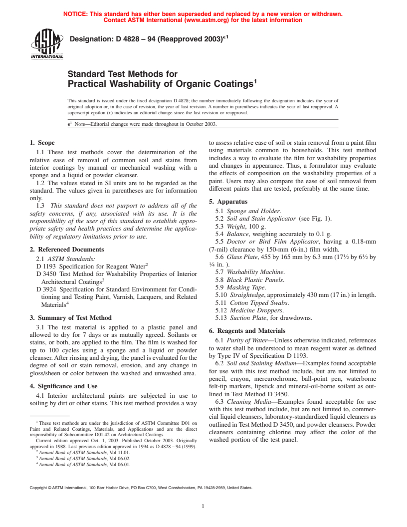 ASTM D4828-94(2003)e1 - Standard Test Methods for Practical Washability of Organic Coatings