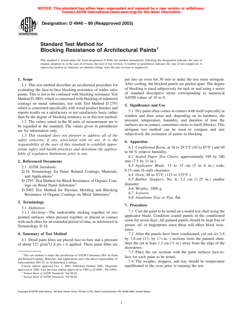 ASTM D4946-89(2003) - Standard Test Method for Blocking Resistance of Architectural Paints