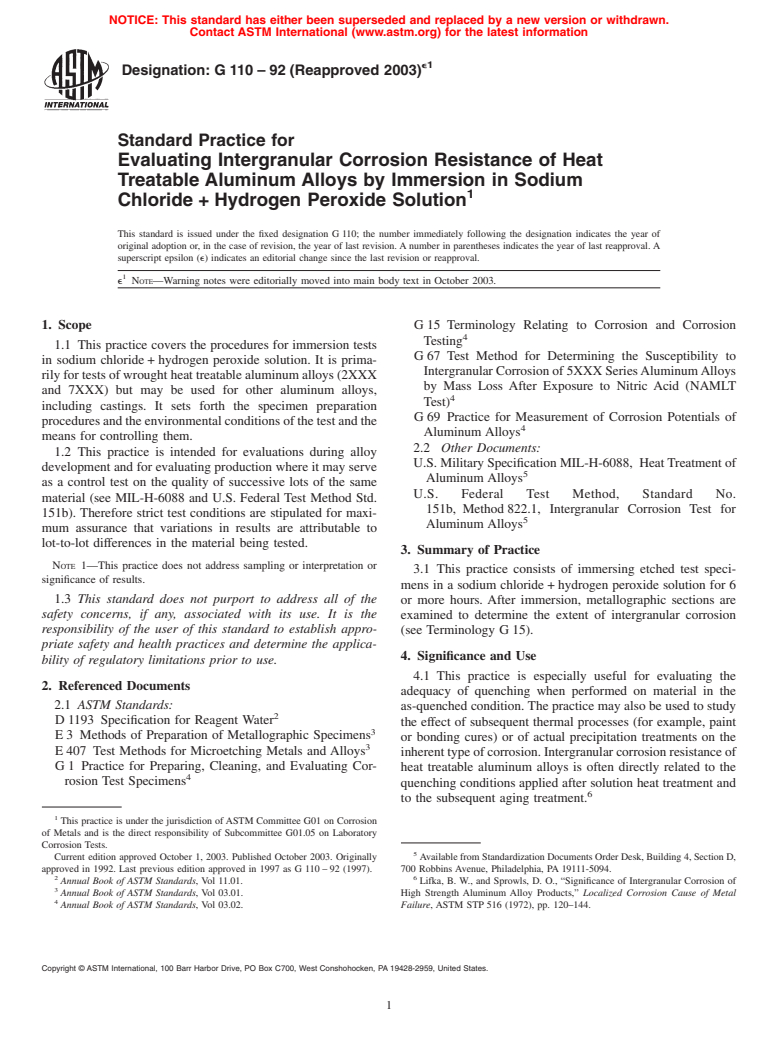 ASTM G110-92(2003)e1 - Standard Practice for Evaluating Intergranular Corrosion Resistance of Heat Treatable Aluminum Alloys by Immersion in Sodium Chloride + Hydrogen Peroxide Solution