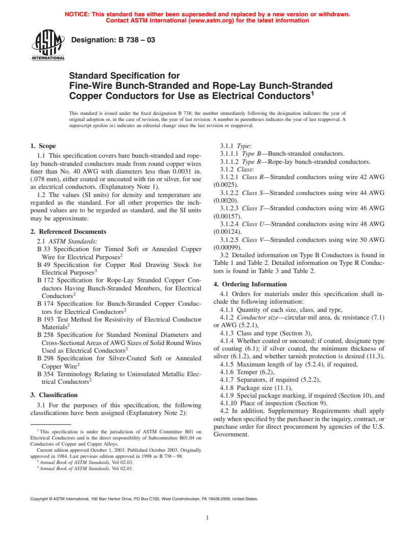 ASTM B738-03 - Standard Specification for Fine-Wire Bunch-Stranded and Rope-Lay Bunch-Stranded Copper Conductors for Use as Electrical Conductors