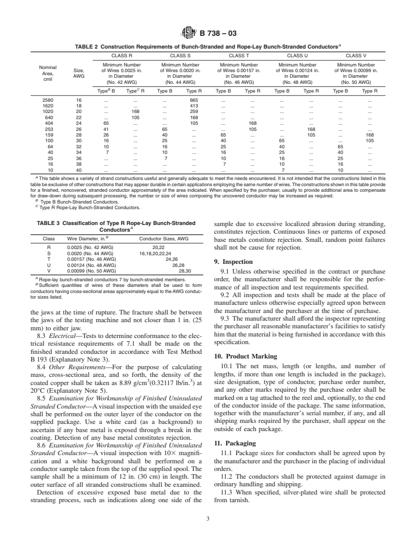 ASTM B738-03 - Standard Specification for Fine-Wire Bunch-Stranded and Rope-Lay Bunch-Stranded Copper Conductors for Use as Electrical Conductors