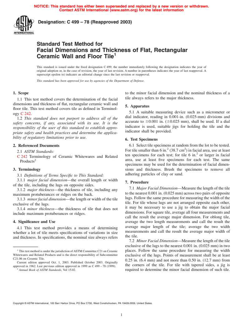 ASTM C499-78(2003) - Standard Test Method for Facial Dimensions and Thickness of Flat, Rectangular Ceramic Wall and Floor Tile