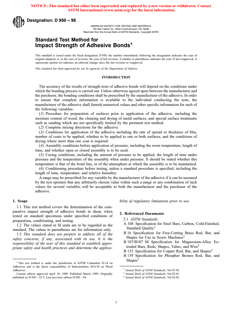 ASTM D950-98 - Standard Test Method for Impact Strength of Adhesive Bonds (Withdrawn 2003)