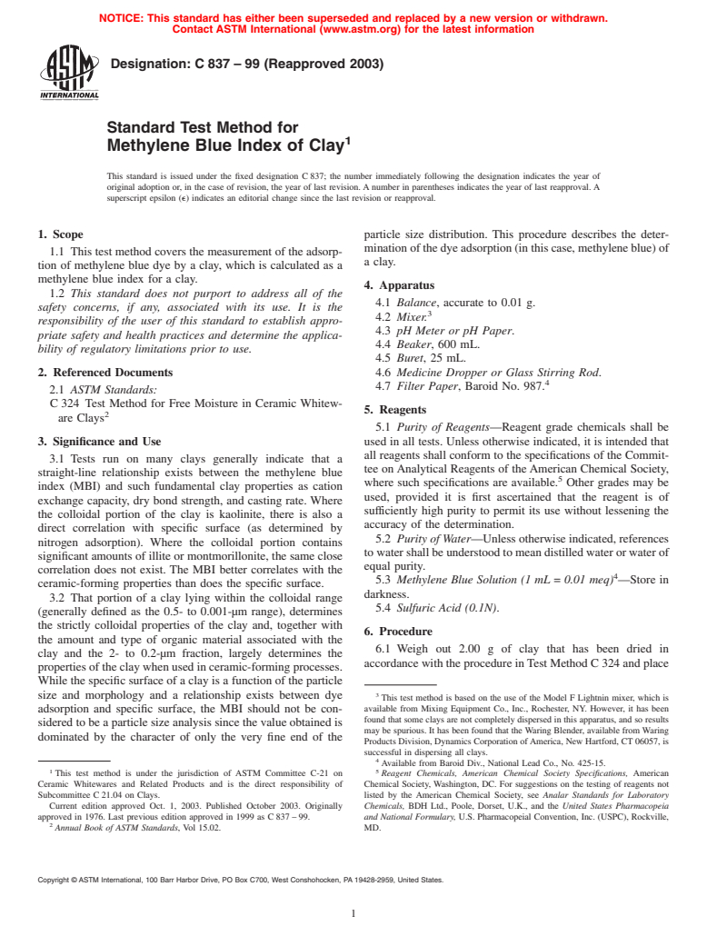 ASTM C837-99(2003) - Standard Test Method for Methylene Blue Index of Clay