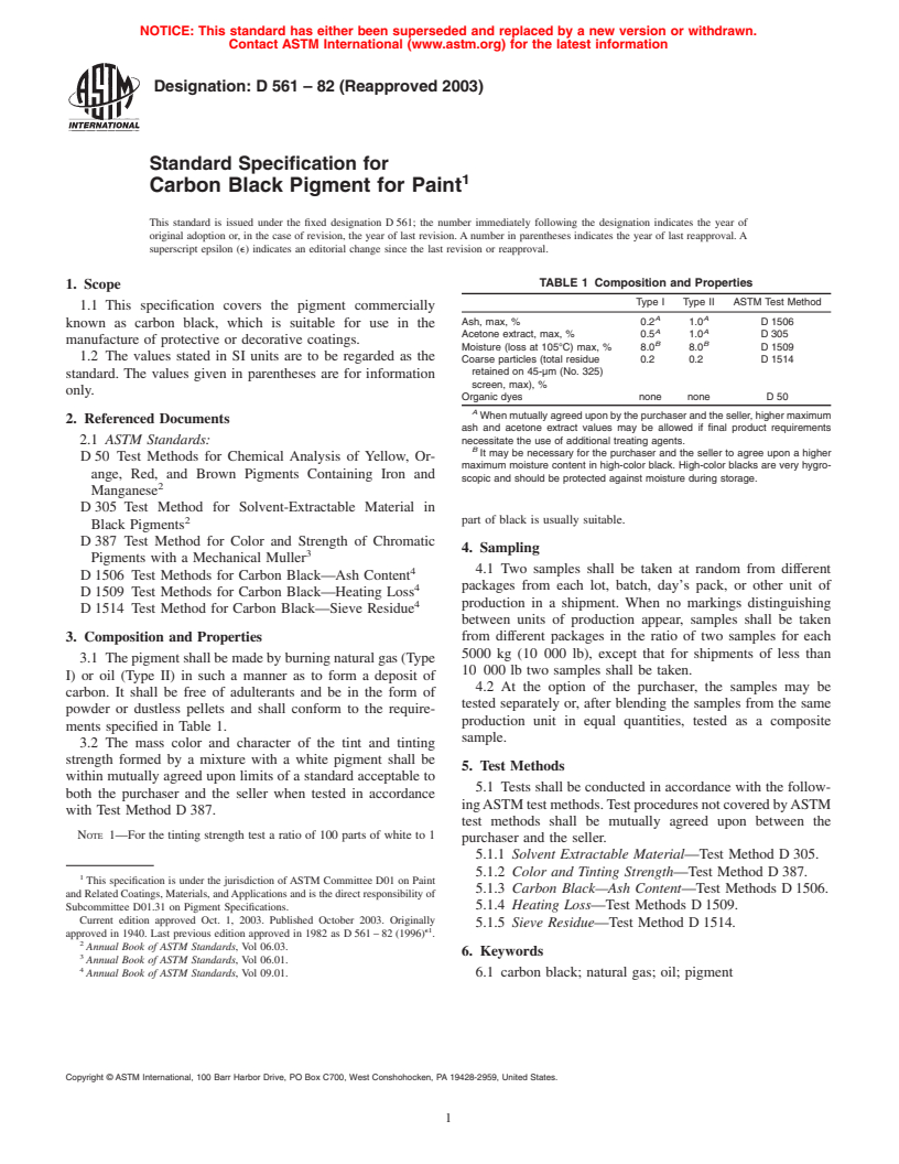 ASTM D561-82(2003) - Standard Specification for Carbon Black Pigment for Paint