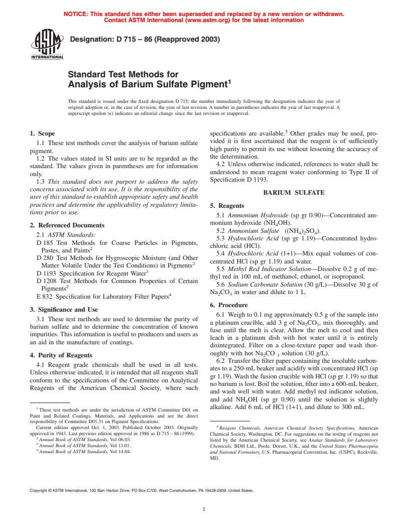 ASTM D715-86(2003) - Standard Test Methods for Analysis of Barium Sulfate Pigment