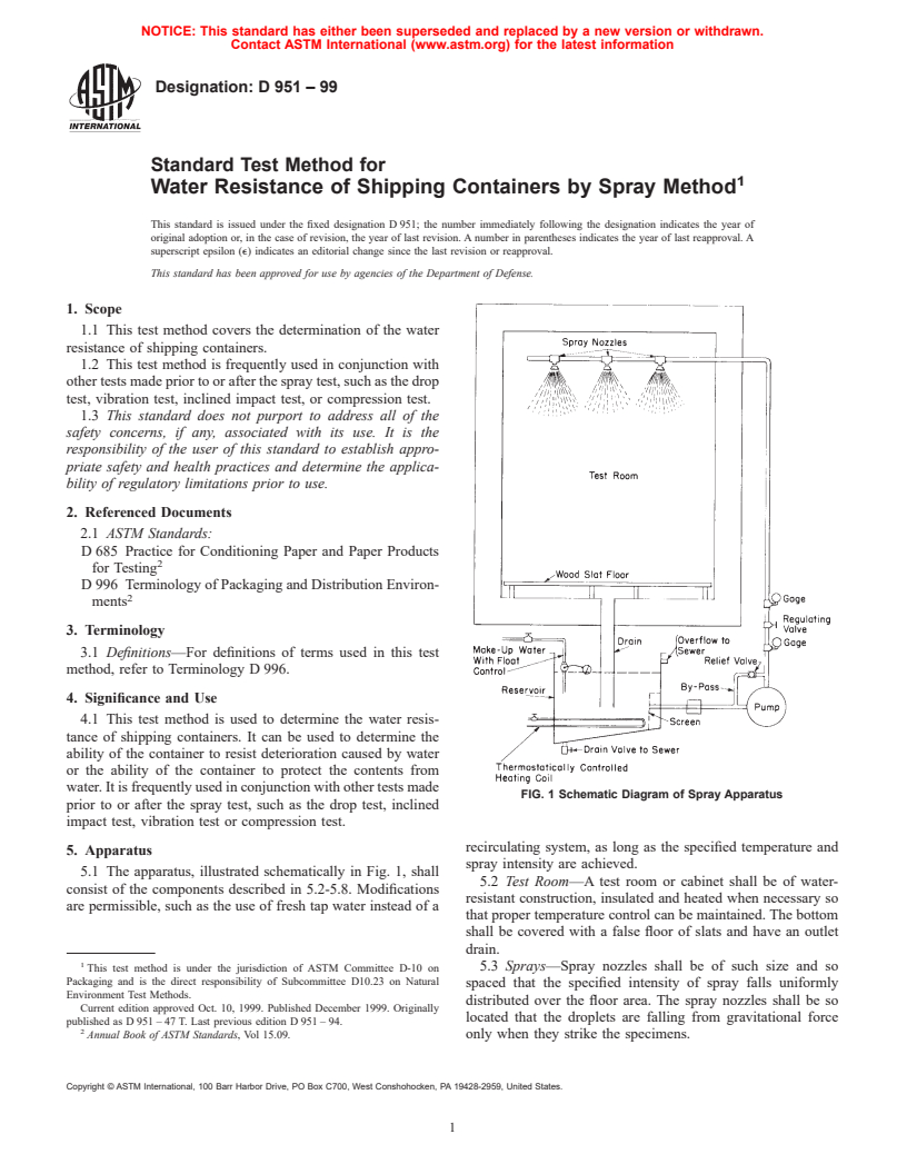 ASTM D951-99 - Standard Test Method for Water Resistance of Shipping Containers by Spray Method