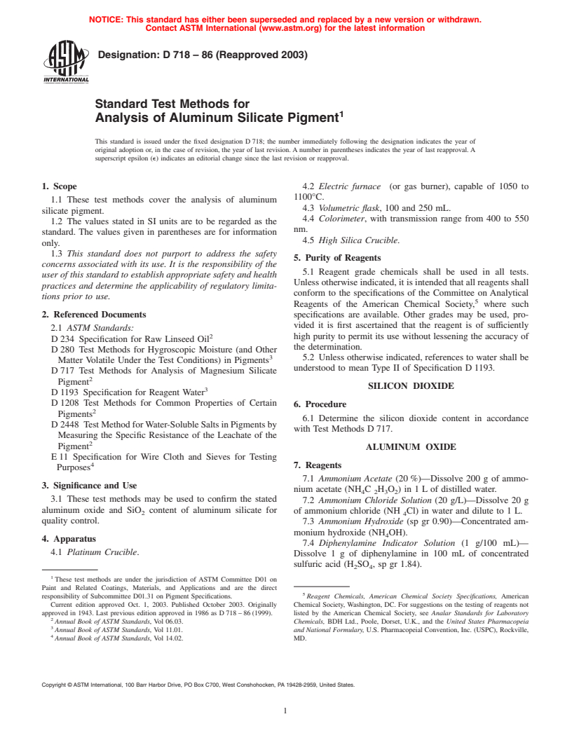 ASTM D718-86(2003) - Standard Test Methods for Analysis of Aluminum Silicate Pigment