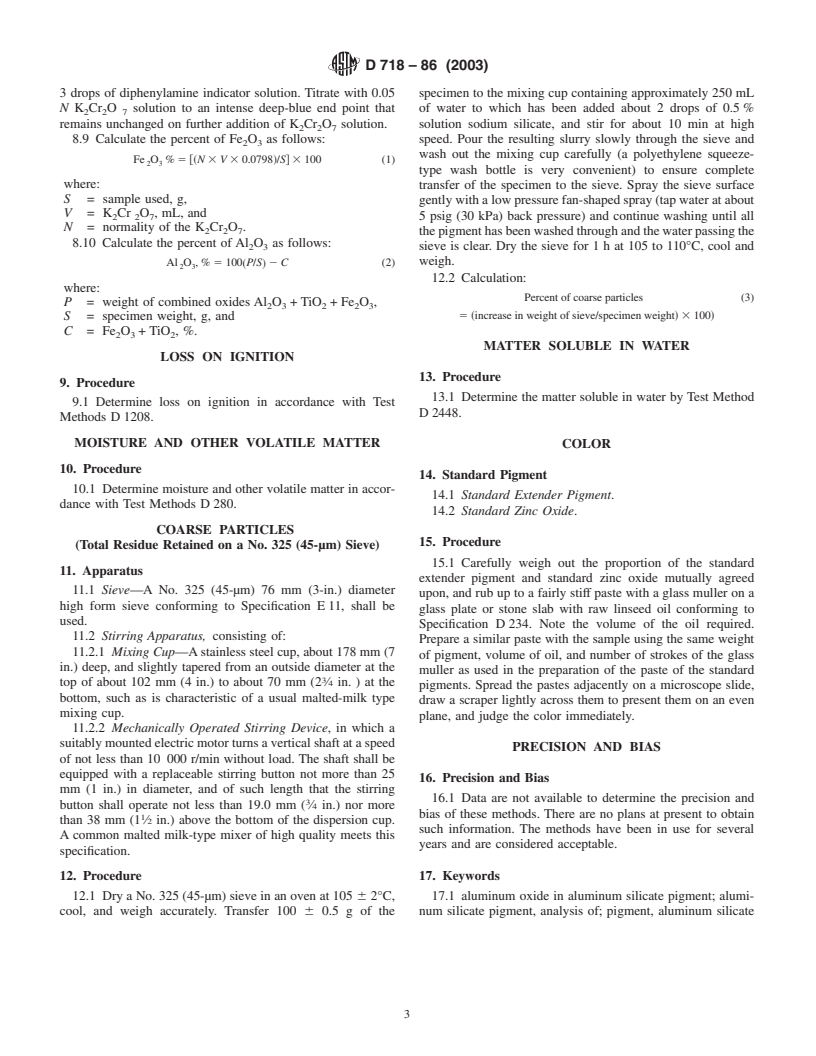 ASTM D718-86(2003) - Standard Test Methods for Analysis of Aluminum Silicate Pigment