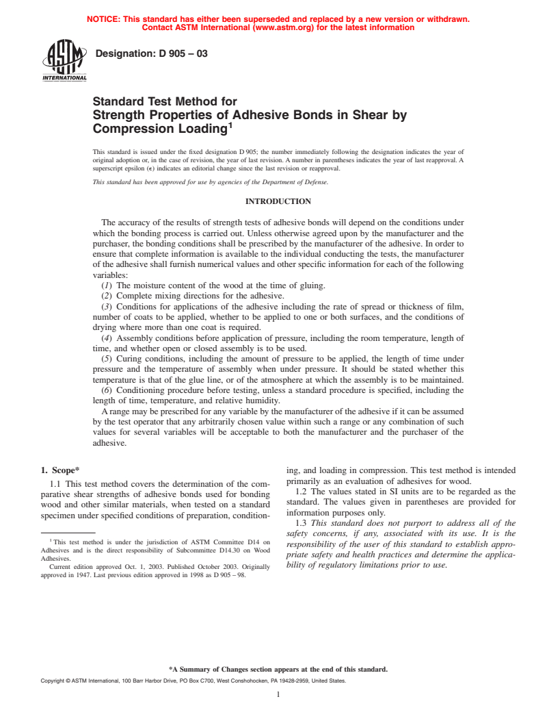 ASTM D905-03 - Standard Test Method for Strength Properties of Adhesive Bonds in Shear by Compression Loading