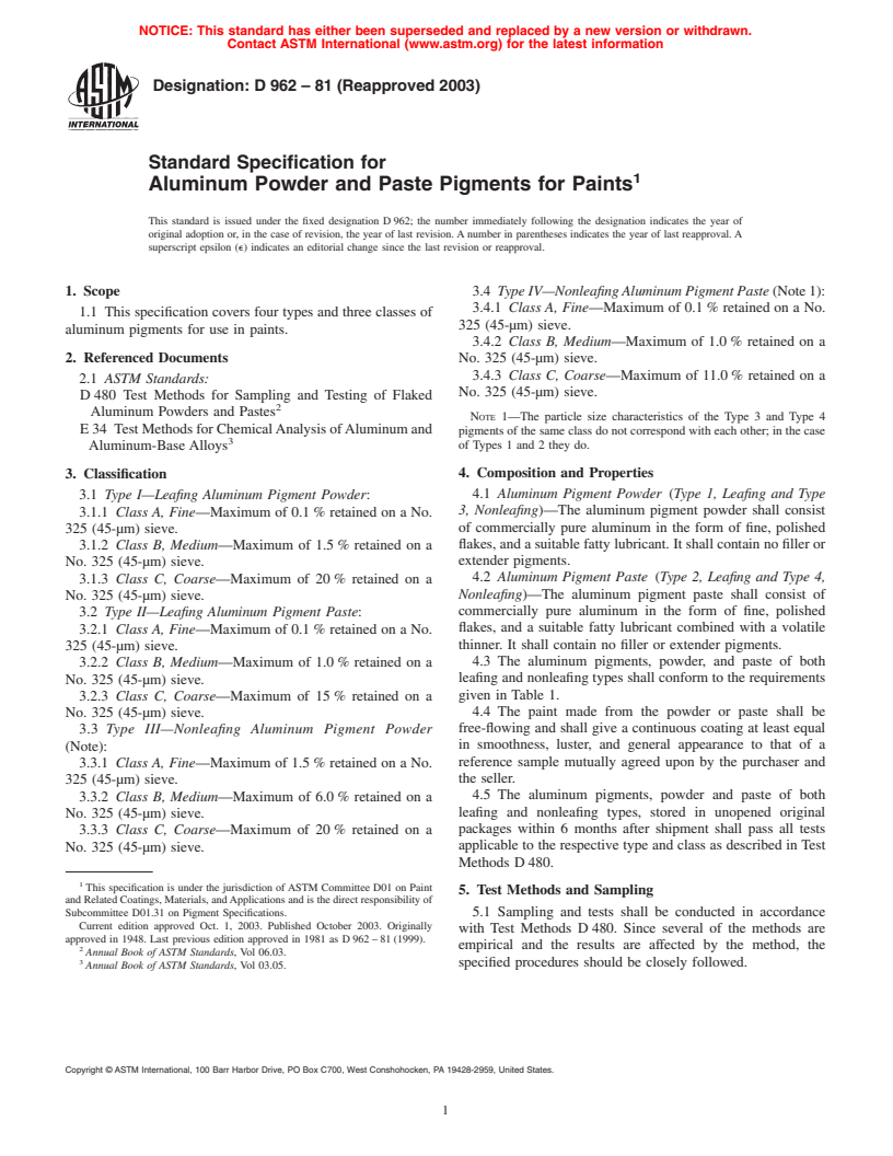 ASTM D962-81(2003) - Standard Specification for Aluminum Powder and Paste Pigments for Paints