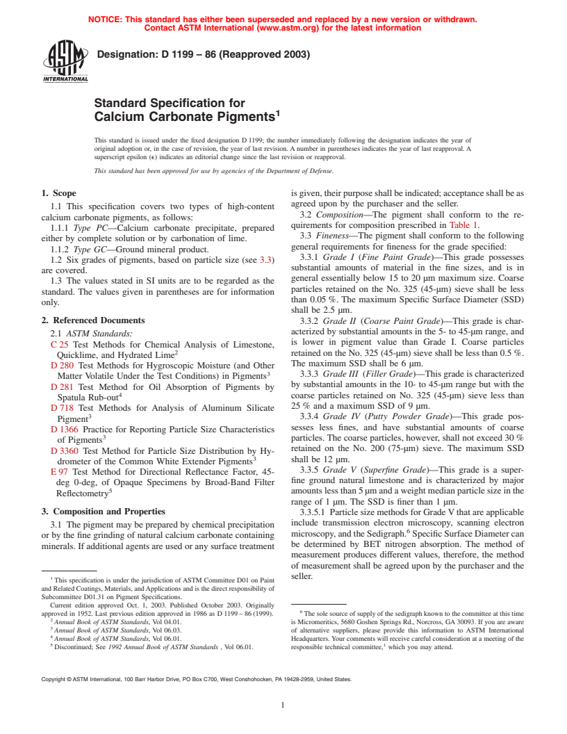 ASTM D1199-86(2003) - Standard Specification for Calcium Carbonate Pigments