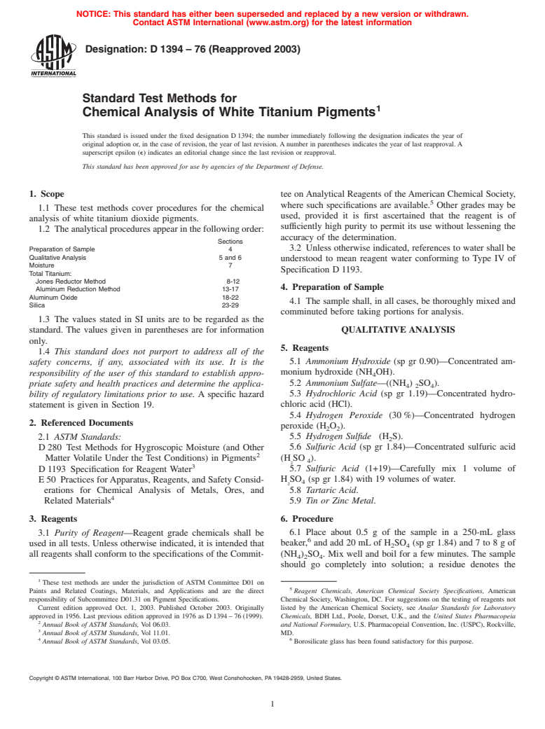 ASTM D1394-76(2003) - Standard Test Methods for Chemical Analysis of White Titanium Pigments
