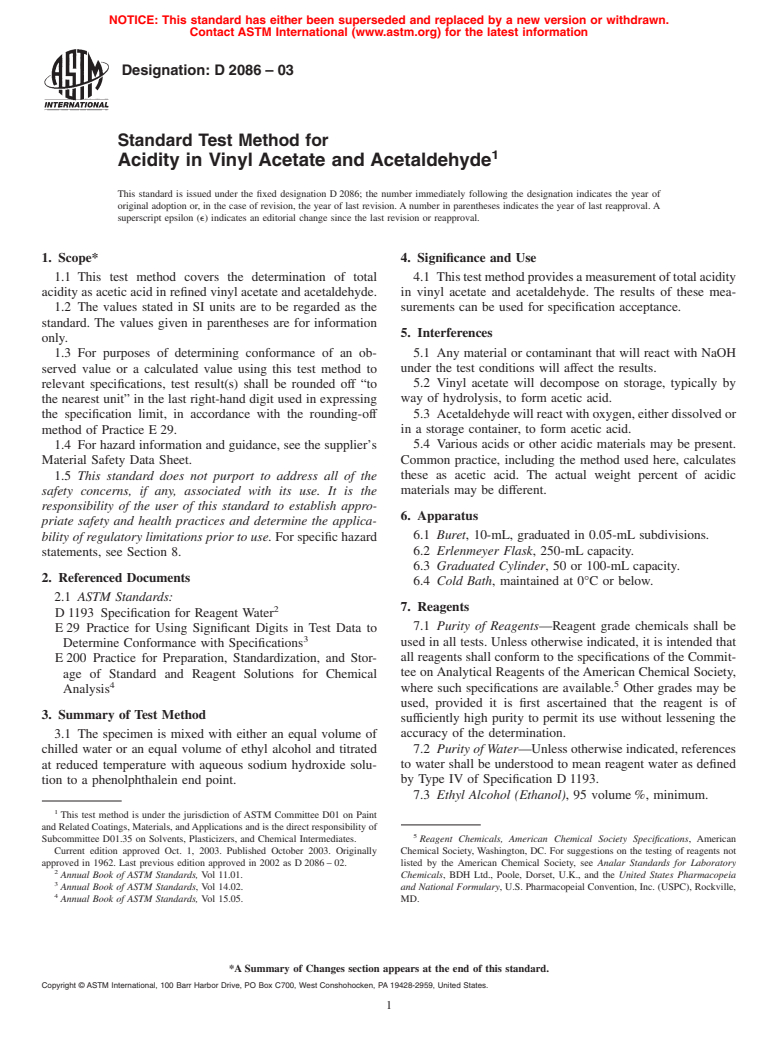 ASTM D2086-03 - Standard Test Method for Acidity in Vinyl Acetate and Acetaldehyde