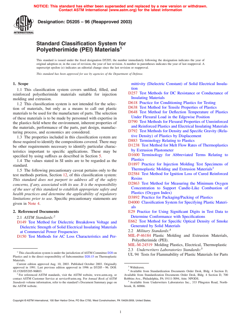 ASTM D5205-96(2003) - Standard Classification System for Polyetherimide (PEI) Materials