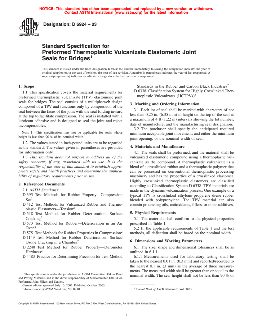 ASTM D6924-03 - Standard Specification for Preformed Thermoplastic Vulcanizate Elastomeric Joint Seals for Bridges