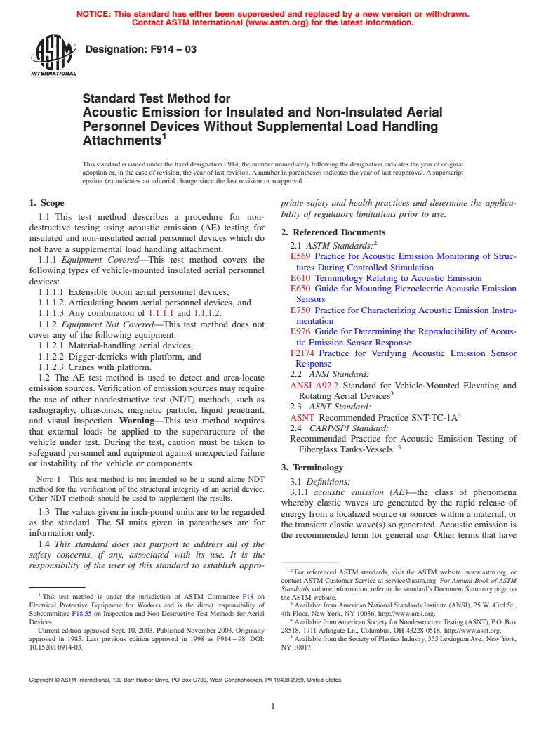 ASTM F914-03 - Standard Test Method for Acoustic Emission for Insulated and Non-Insulated Aerial Personnel Devices Without Supplemental Load Handling Attachments