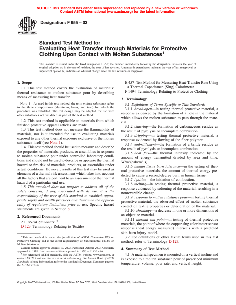 ASTM F955-03 - Standard Test Method for Evaluating Heat Transfer through Materials for Protective Clothing Upon Contact with Molten Substances