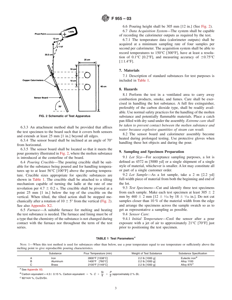 ASTM F955-03 - Standard Test Method for Evaluating Heat Transfer through Materials for Protective Clothing Upon Contact with Molten Substances