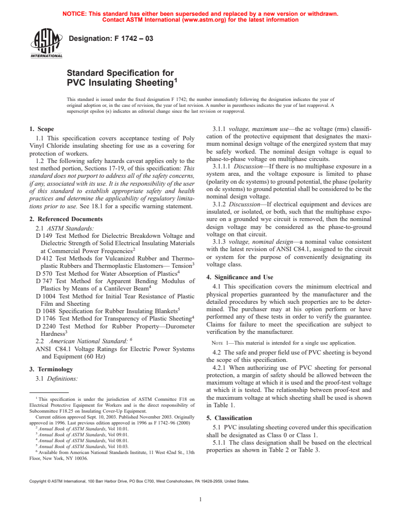 ASTM F1742-03 - Standard Specification for PVC Insulating Sheeting