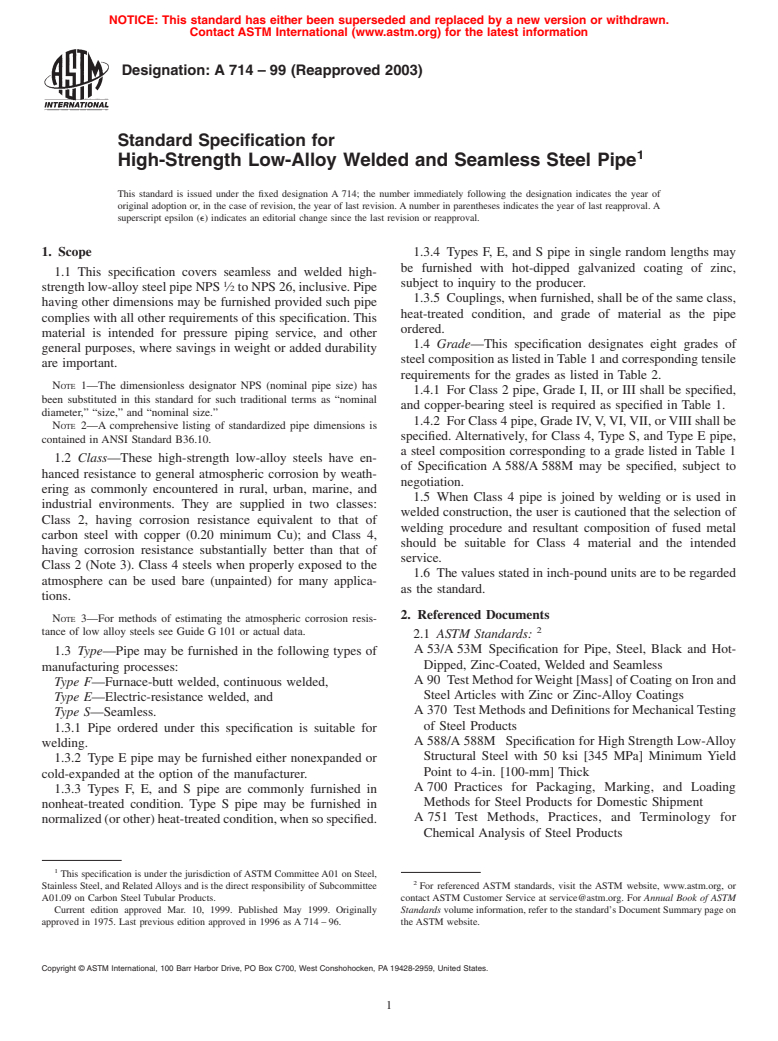 ASTM A714-99(2003) - Standard Specification for High-Strength Low-Alloy Welded and Seamless Steel Pipe