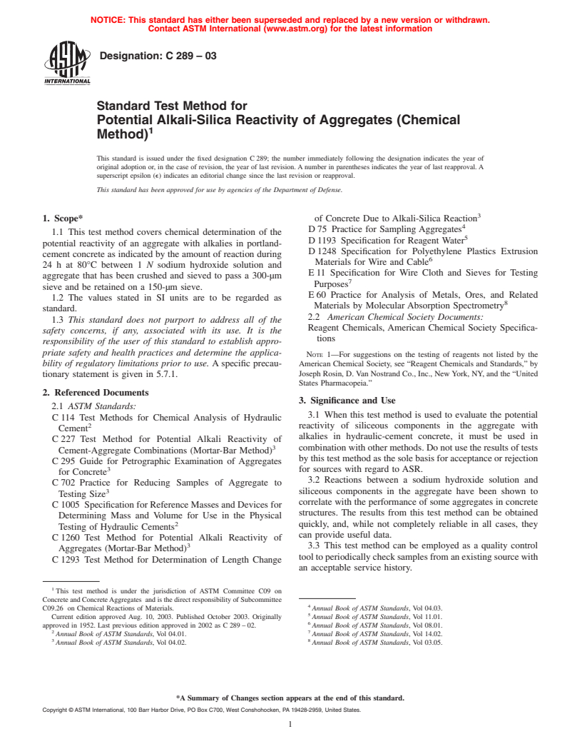 ASTM C289-03 - Standard Test Method for Potential Alkali-Silica Reactivity of Aggregates (Chemical Method)