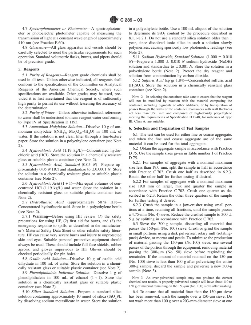 ASTM C289-03 - Standard Test Method for Potential Alkali-Silica Reactivity of Aggregates (Chemical Method)