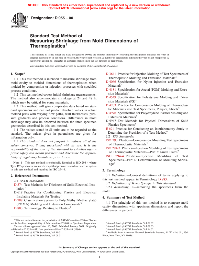 ASTM D955-00 - Standard Test Method of Measuring Shrinkage from Mold Dimensions of Thermoplastics