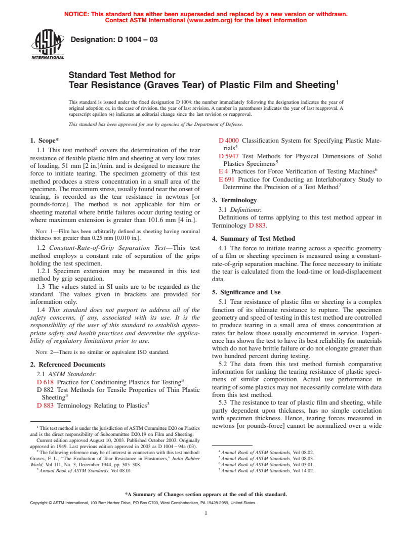 ASTM D1004-03 - Standard Test Method for Initial Tear Resistance of Plastic Film and Sheeting