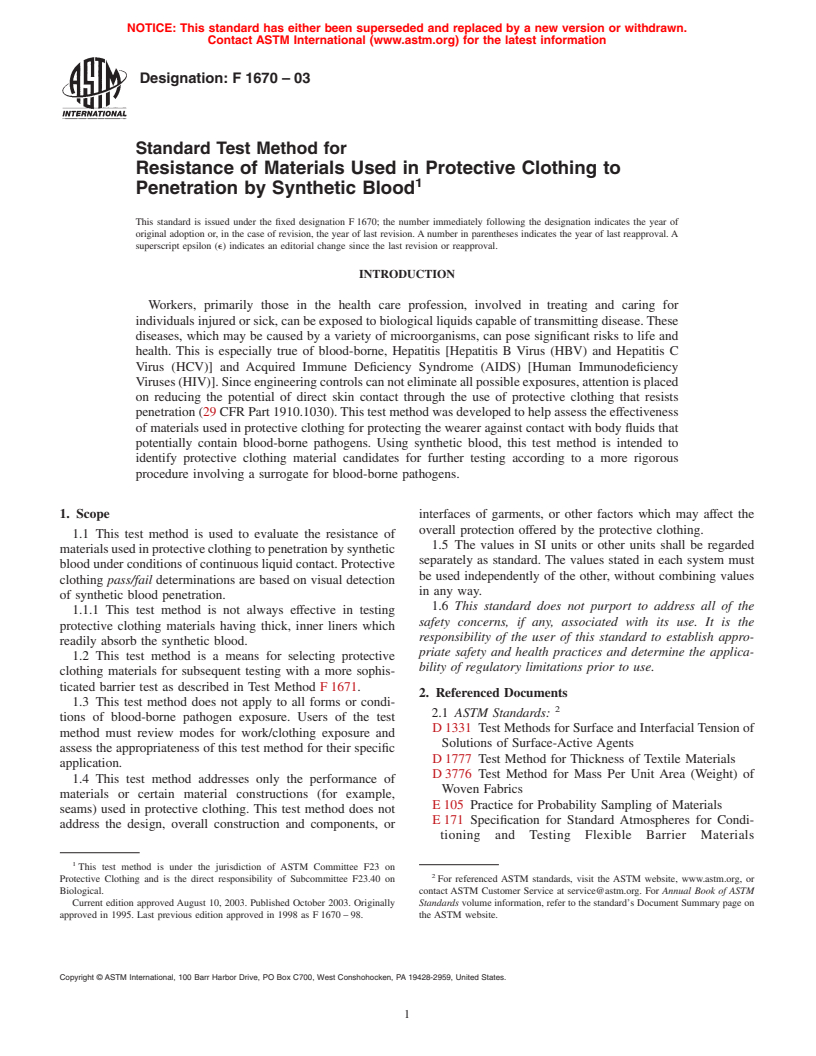 ASTM F1670-03 - Standard Test Method for Resistance of Materials Used in Protective Clothing to Penetration by Synthetic Blood