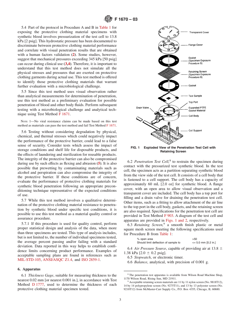 ASTM F1670-03 - Standard Test Method for Resistance of Materials Used in Protective Clothing to Penetration by Synthetic Blood