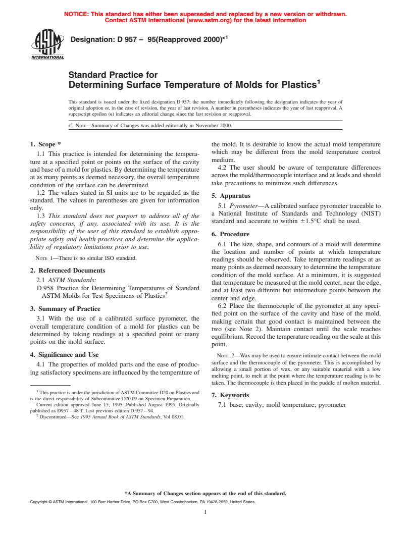 ASTM D957-95(2000)e1 - Standard Practice for Determining Surface Temperature of Molds for Plastics