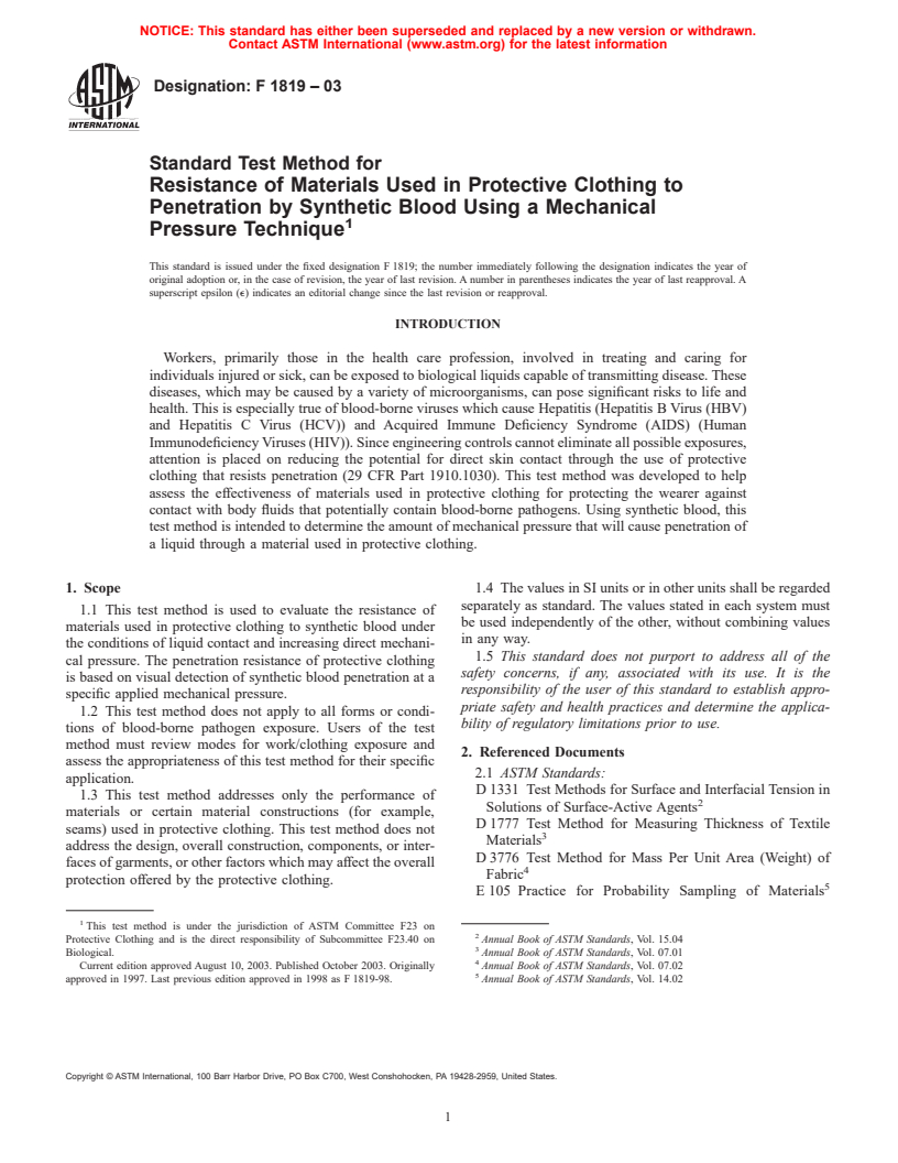 ASTM F1819-03 - Standard Test Method for Resistance of Materials Used in Protective Clothing to Penetration by Synthetic Blood Using a Mechanical Pressure Technique