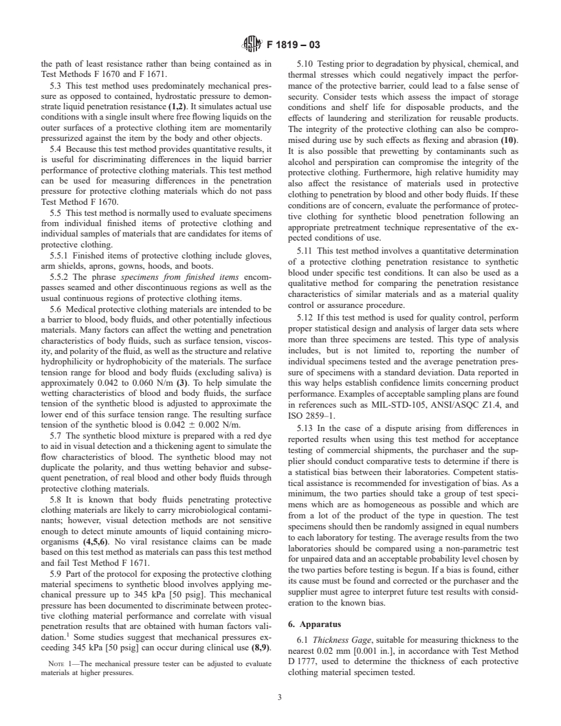 ASTM F1819-03 - Standard Test Method for Resistance of Materials Used in Protective Clothing to Penetration by Synthetic Blood Using a Mechanical Pressure Technique