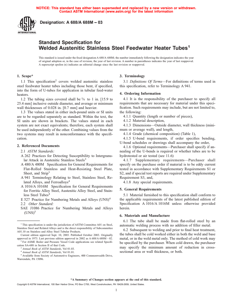ASTM A688/A688M-03 - Standard Specification for Welded Austenitic Stainless Steel Feedwater Heater Tubes