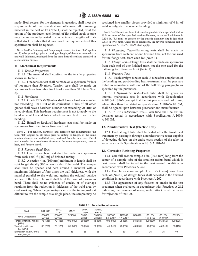 ASTM A688/A688M-03 - Standard Specification for Welded Austenitic Stainless Steel Feedwater Heater Tubes