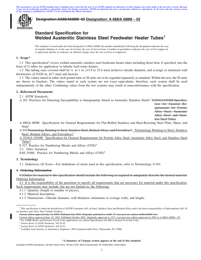 REDLINE ASTM A688/A688M-03 - Standard Specification for Welded Austenitic Stainless Steel Feedwater Heater Tubes