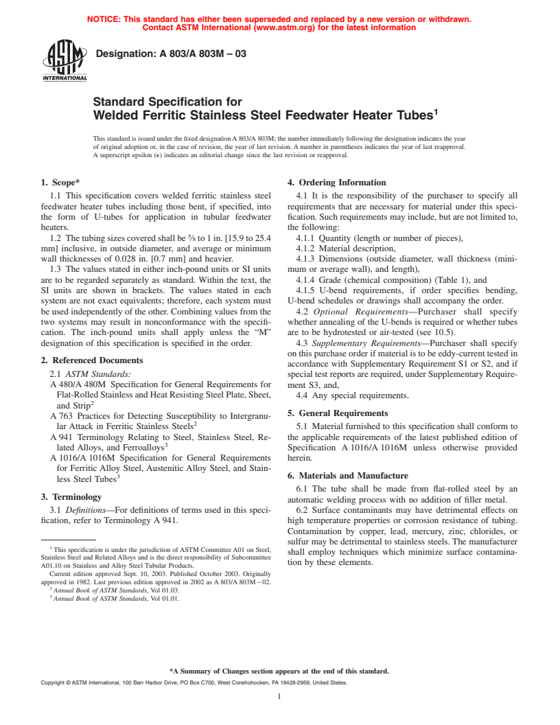 ASTM A803/A803M-03 - Standard Specification for Welded Ferritic Stainless Steel Feedwater Heater Tubes