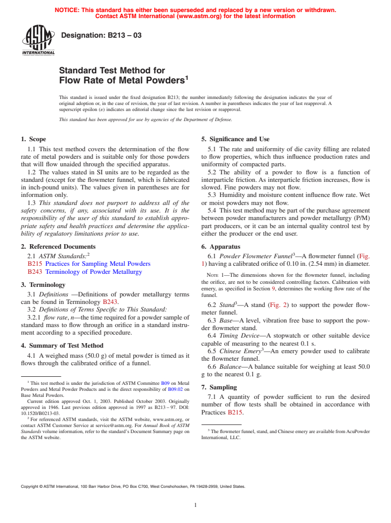 ASTM B213-03 - Standard Test Method for Flow Rate of Metal Powders